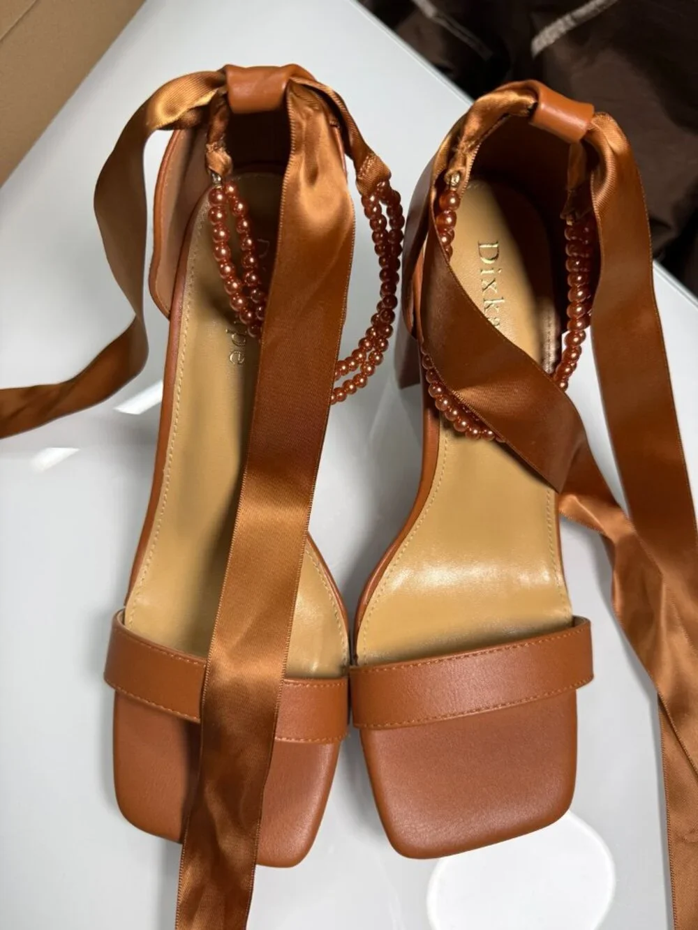 Dixkape Brown Pearl Embellished Satin Tie Block Heel Sandals Size 8